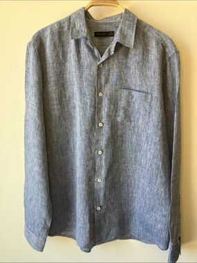 COTTONWORLD Men's Linen Regular Fit Long Sleeve Shirt in Chambray Blue Size XL